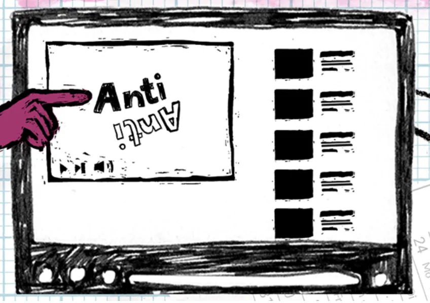 Hand-drawn AntiAnti illustration: a finger pointing at a video player on a sketched TV